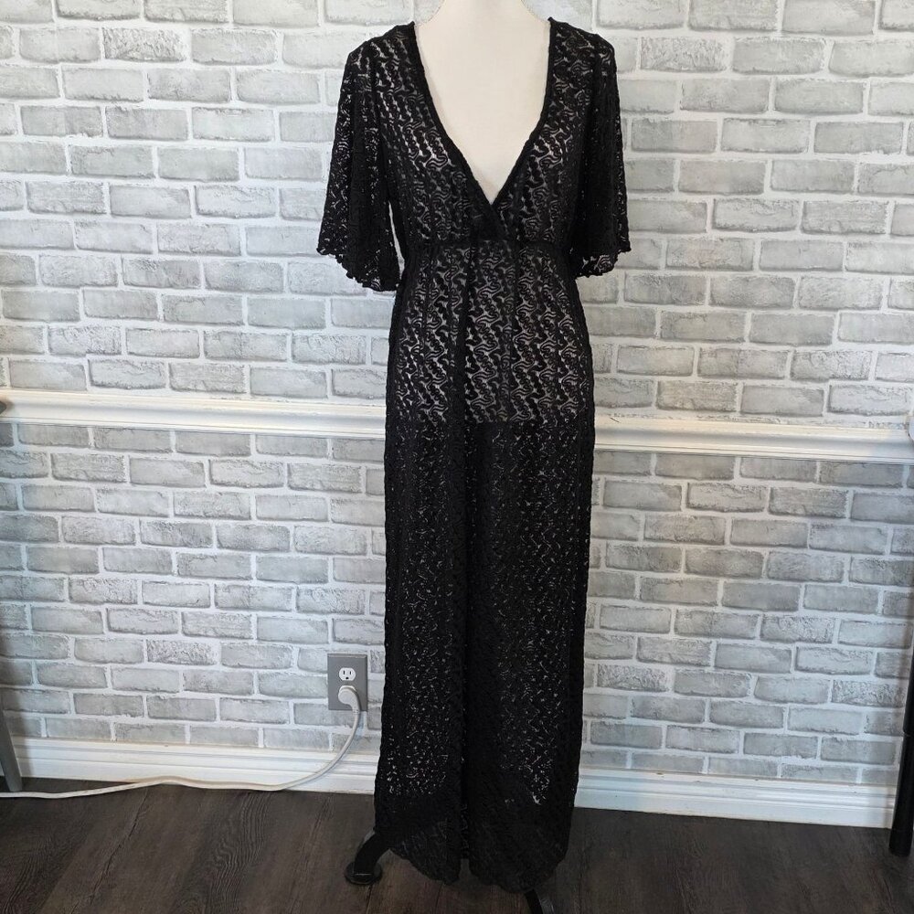 Silvergate Black Sheer Floral Lace V-Neck Maxi Dress Small Made in USA